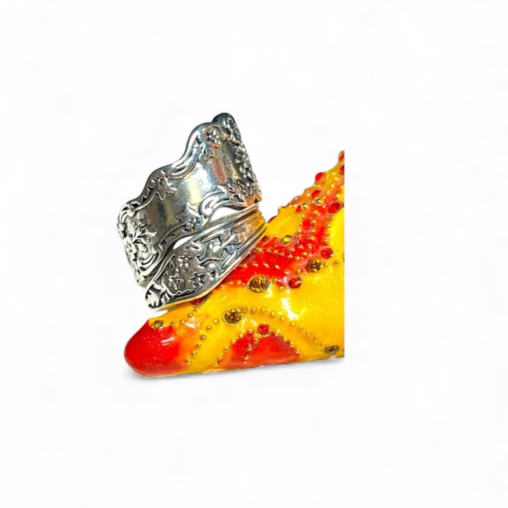 Silver Plated spoon ring -wide band -artisan -carved -unique